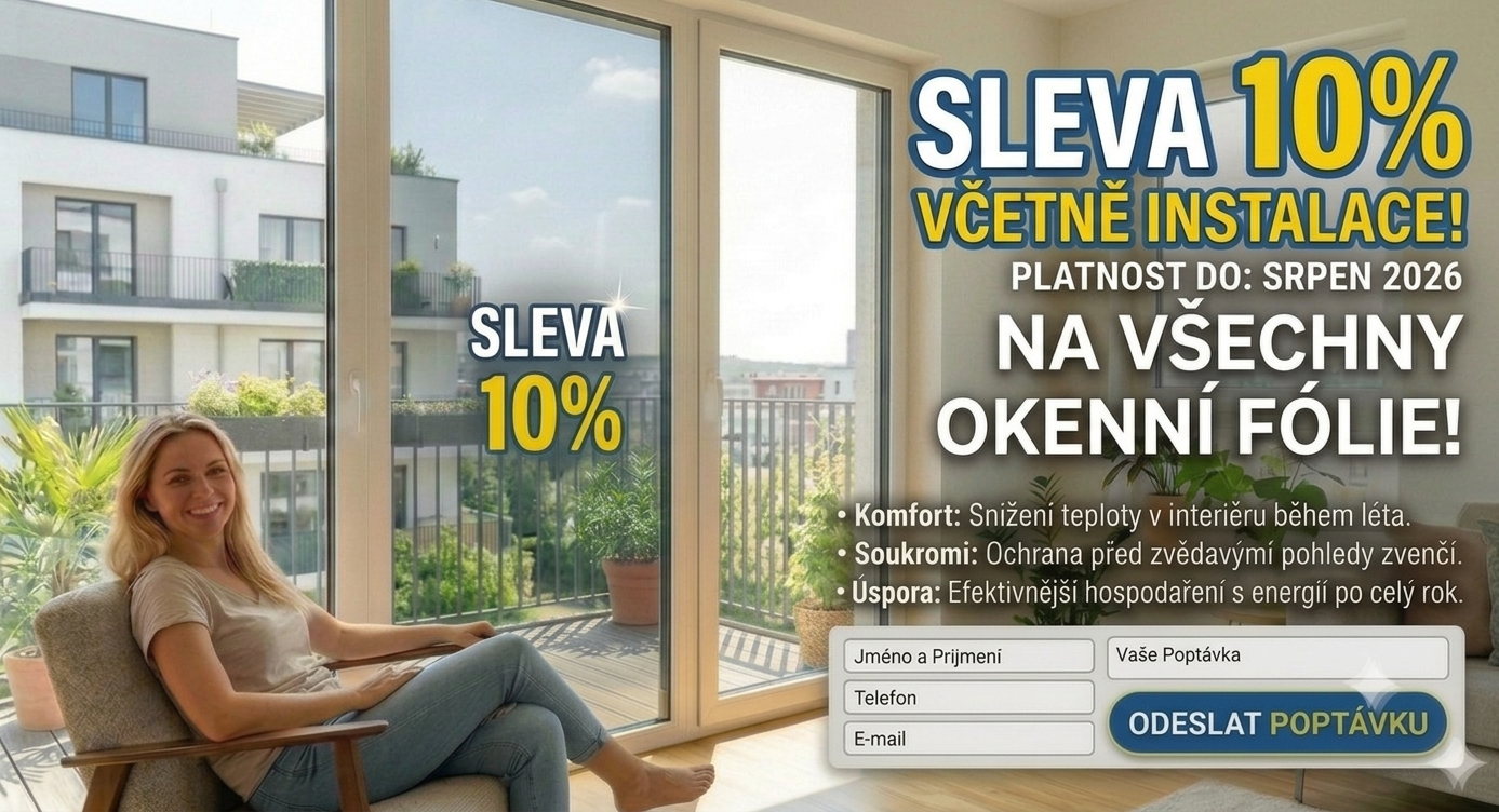 Reklamní banner EKOFÓLIE.cz s výprodejem fólií na okna, městská krajina a sluneční světlo.