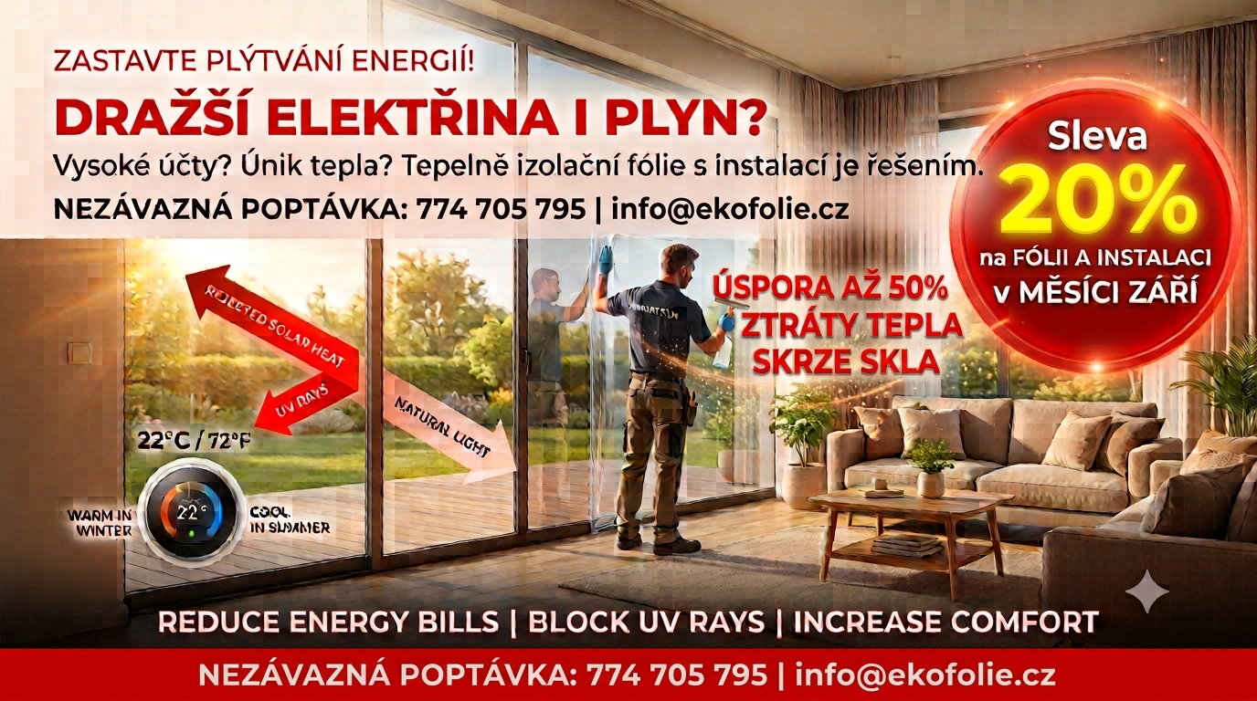 Reklamní banner EKOFÓLIE.cz s výprodejem fólií na okna, městská krajina a sluneční světlo.