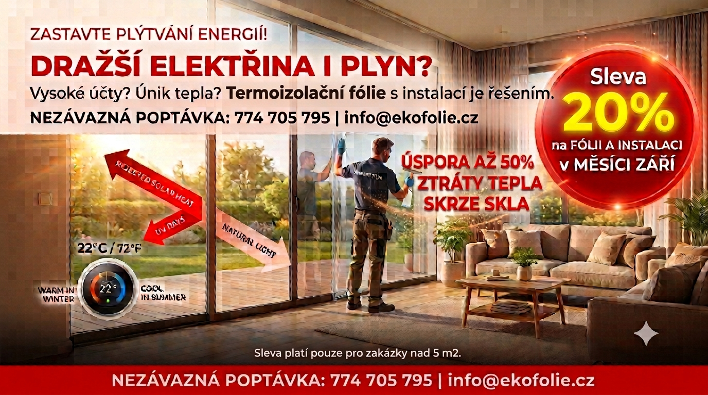 Reklamní banner EKOFÓLIE.cz s výprodejem fólií na okna, městská krajina a sluneční světlo.