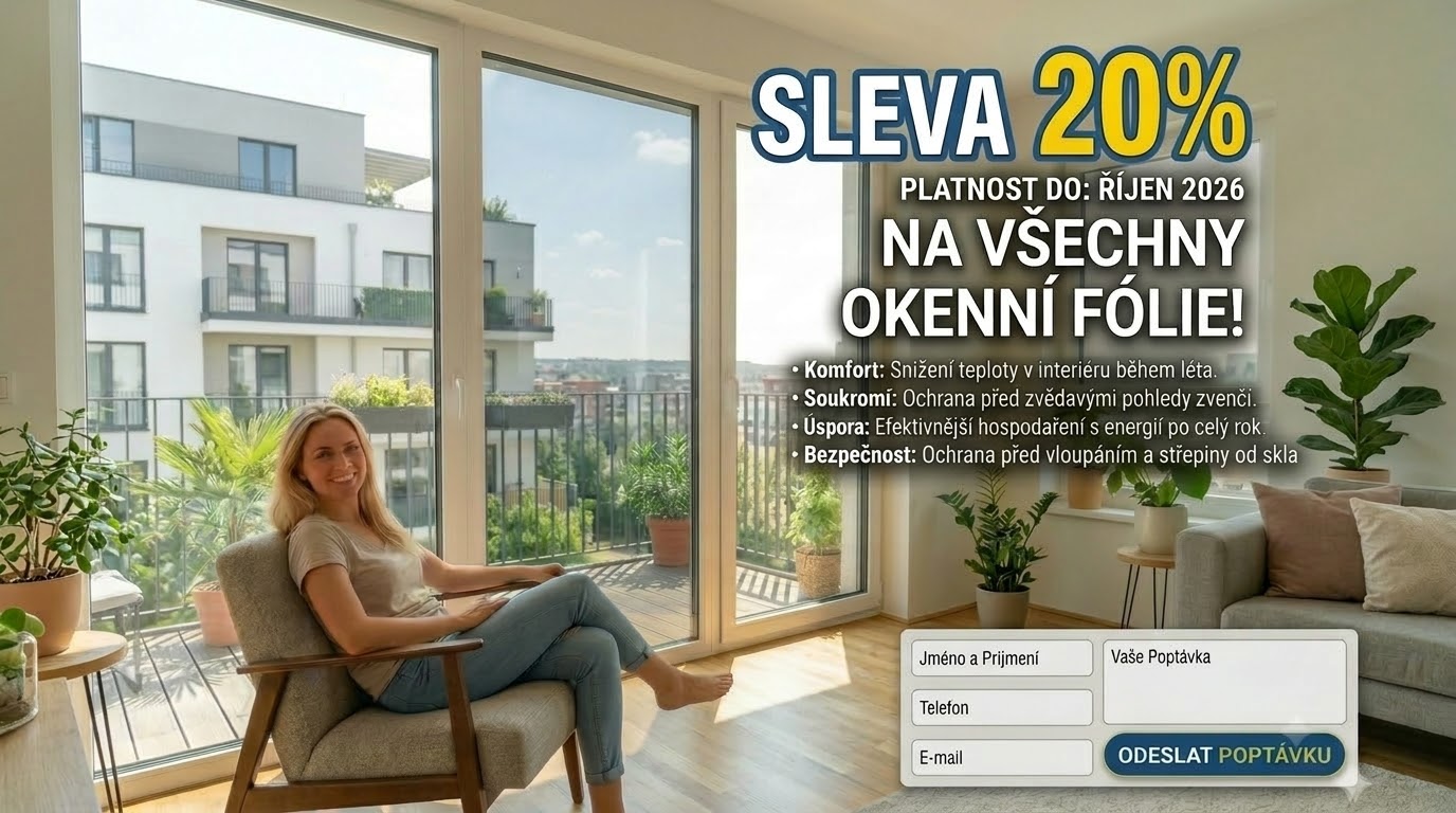 Reklamní banner EKOFÓLIE.cz s výprodejem fólií na okna, městská krajina a sluneční světlo.